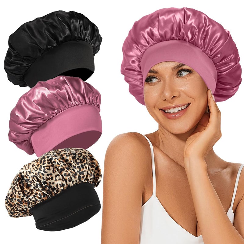 LEADUWAY 3Pcs Satin Bonnet Silk Bonnet, Hair Bonnet for Sleeping, Elastic Wide Band Silk Sleep Cap, Soft and Breathable(Black Leopard Rose) - Image 1